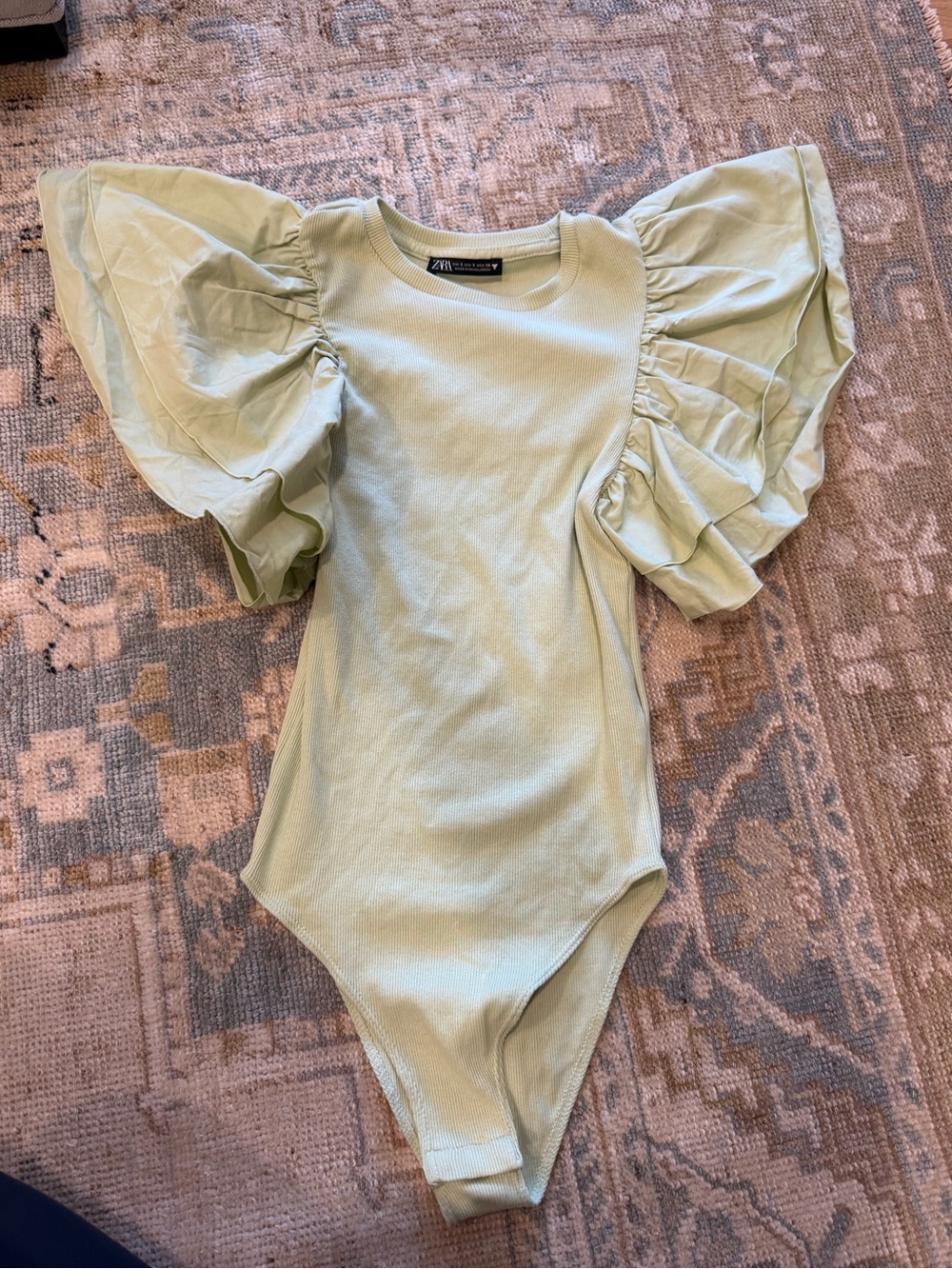 Zara Light Green Puff Sleeve One-Piece Bodysuit
